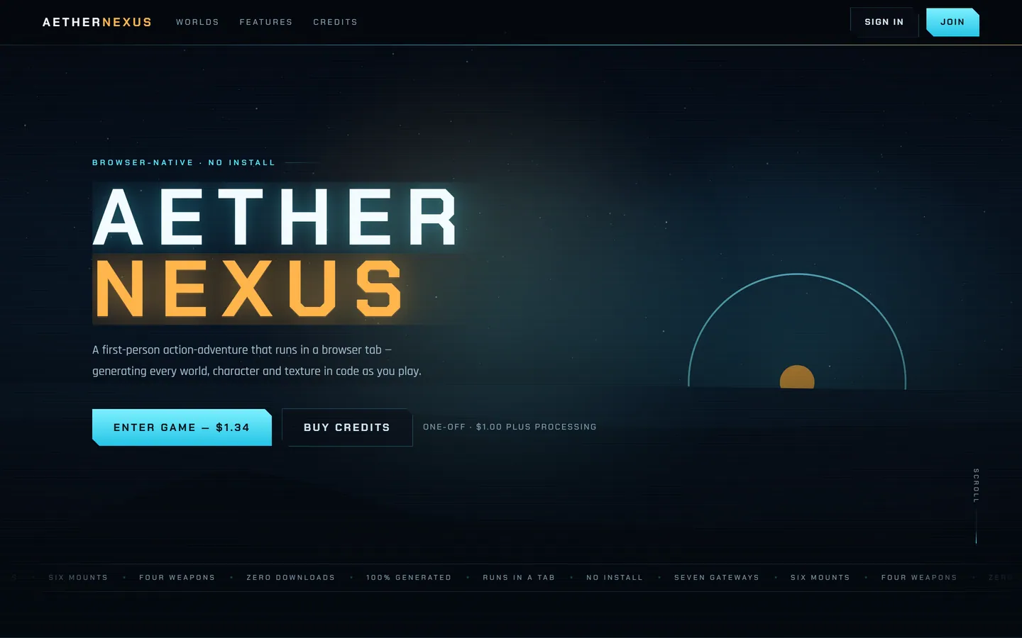 Aether Nexus game, first screen