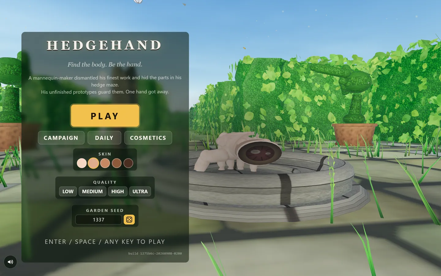 Hedgehand game, first screen