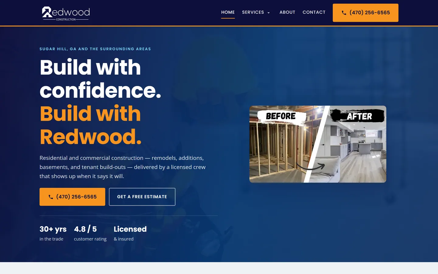 Redwood Construction website, first screen